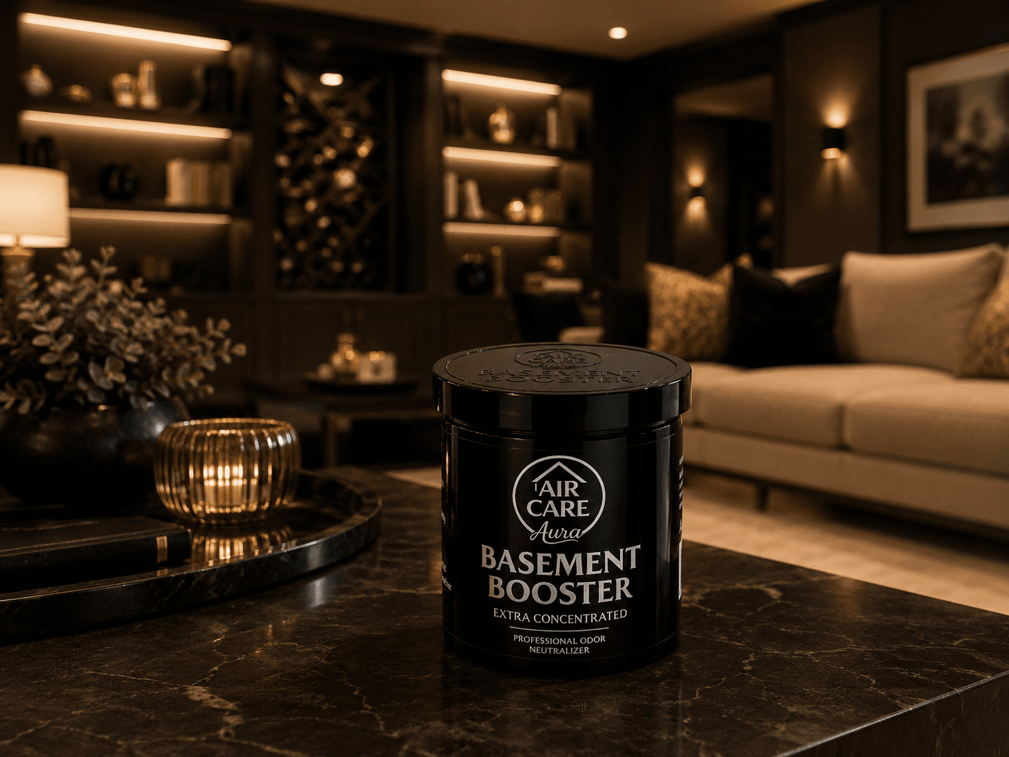 Basement Booster jar in a dark finished basement living space