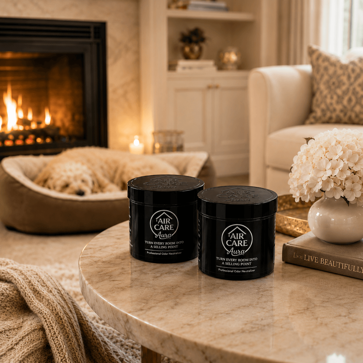 Air Care Aura jars in a warm living room prepared for an open house