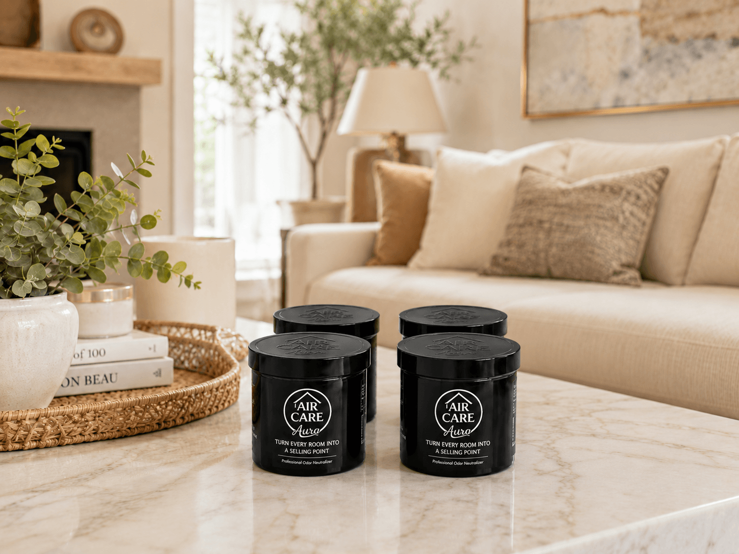 Air Care Aura jars on a coffee table in a bright living room