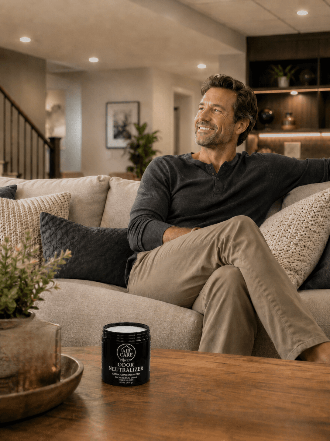 Homeowner relaxing on a couch in a finished living space with an Air Care Aura 32 oz Odor Neutralizer jar on the coffee table