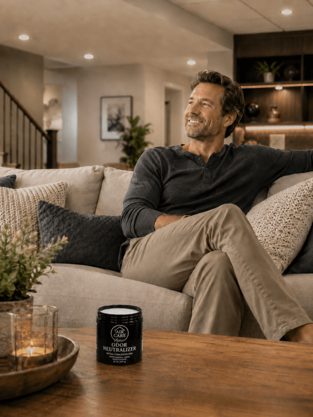 Homeowner relaxing on a couch in a finished living space with an Air Care Aura 32 oz Odor Neutralizer jar on the coffee table