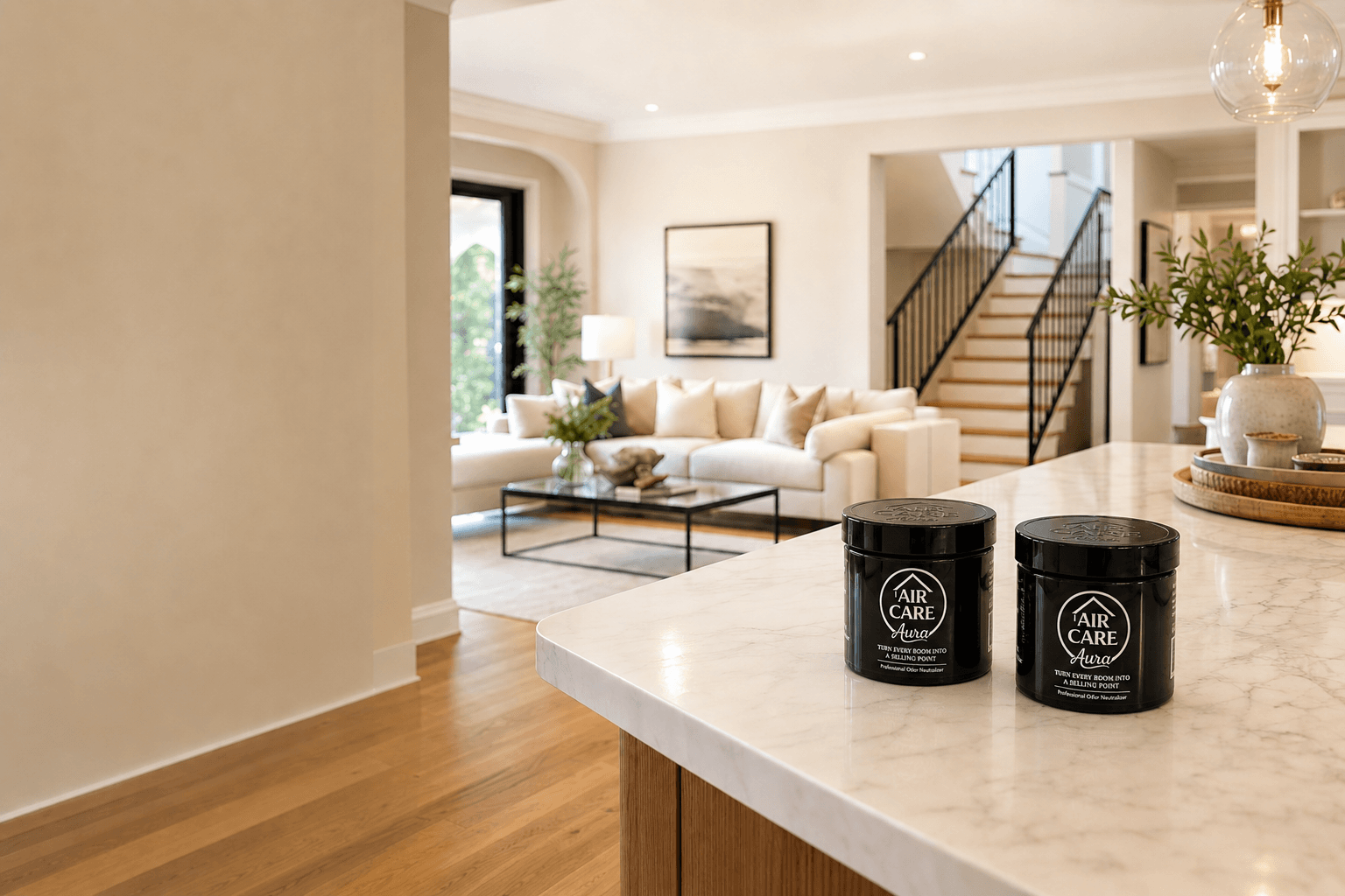 Air Care Aura jars in a bright staged home kitchen and living room