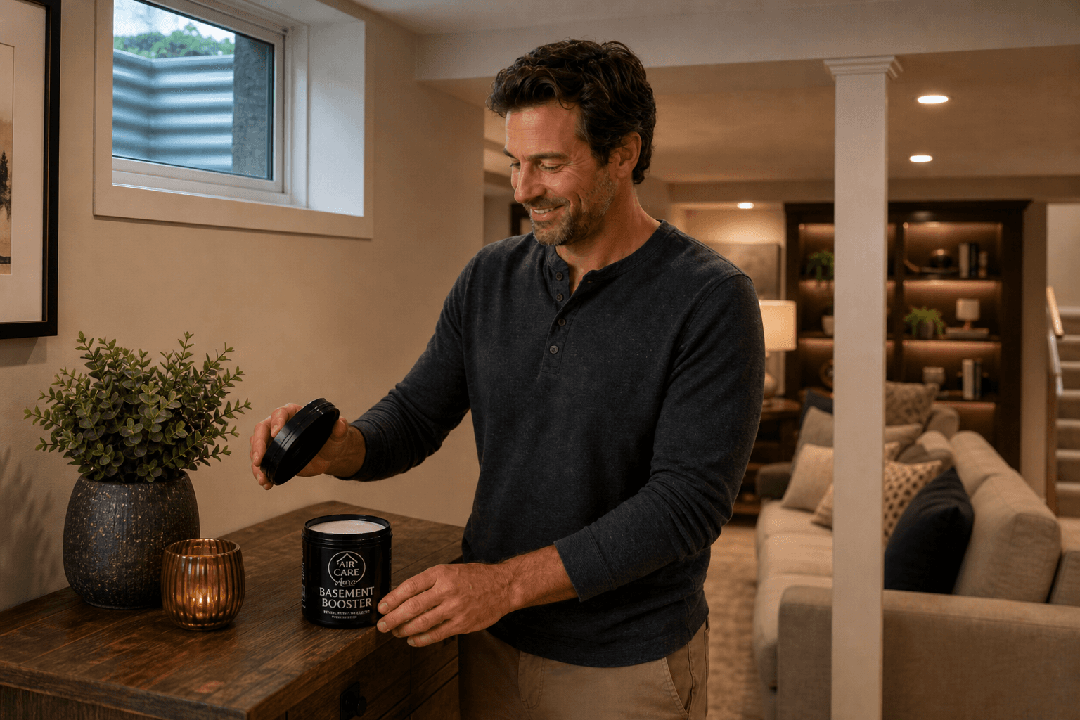 Homeowner opening an Air Care Aura Basement Booster jar on a console table in a finished lower-level living space