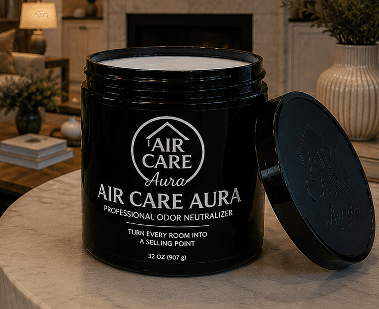 Air Care Aura jar and lid in a bright living room