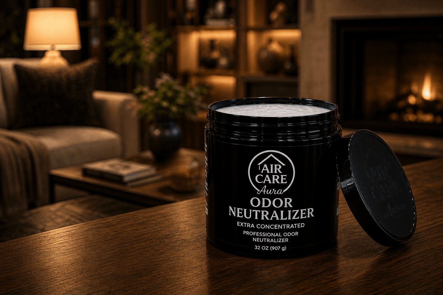 Air Care Aura 32 oz Odor Neutralizer jar on a wood table in a warm living room