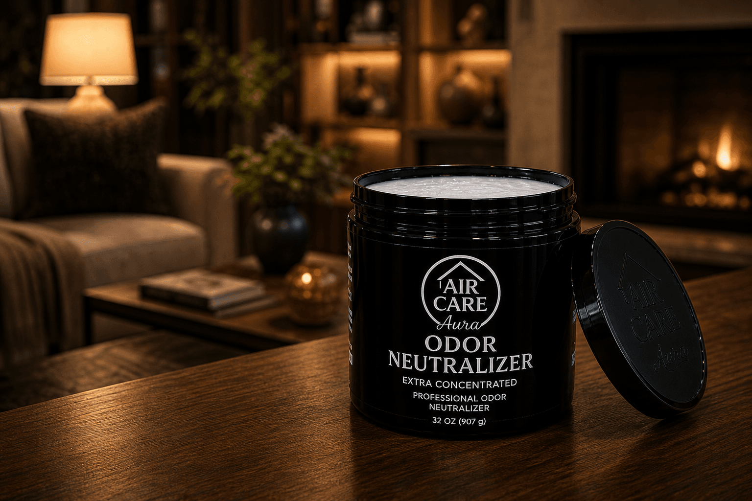 Air Care Aura 32 oz Odor Neutralizer jar on a wood table in a warm living room